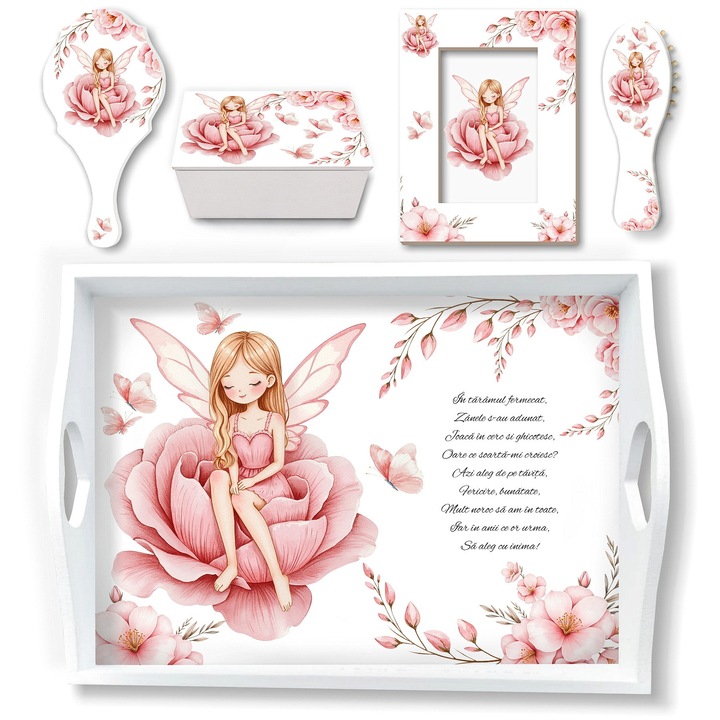 Set pentru taierea motului Zana Florilor Roz, cu tavita mot si accesorii pentru fetite