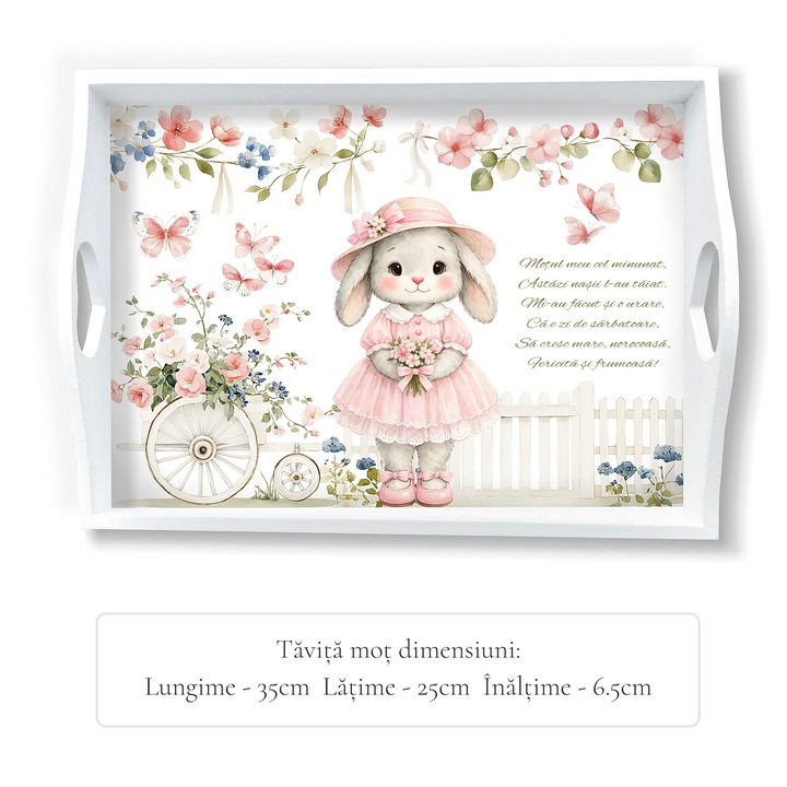 Set Tavita Mot Iepuras cu Flori Roz, cu accesorii pentru fetite