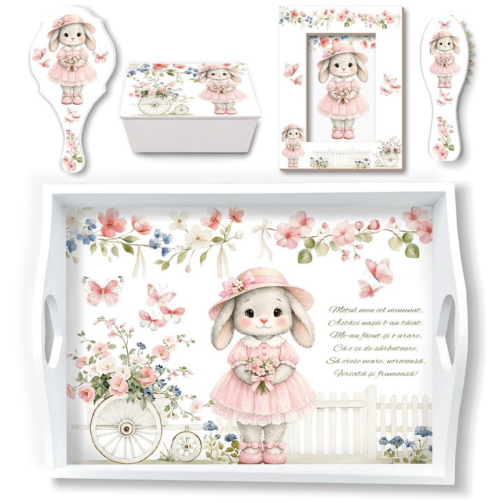 Set Tavita Mot Iepuras cu Flori Roz, cu accesorii pentru fetite