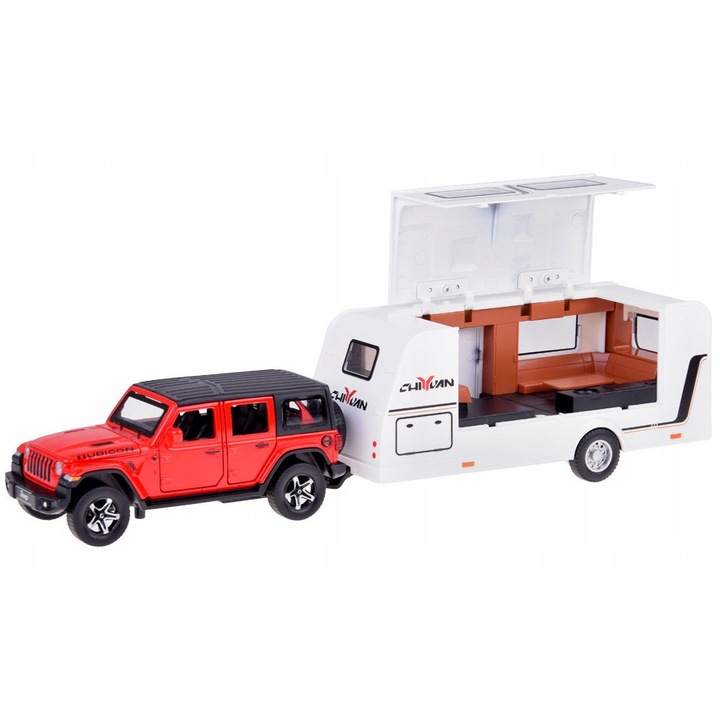 SUV autó szett kemping utánfutóval, Jokomisiada, hanggal és fénnyel, 39x11x10cm