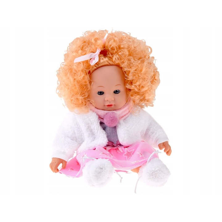 Interaktív baba Alicja 32 cm, szőke haj, rózsaszín-szürke ruha, hangokkal, szett