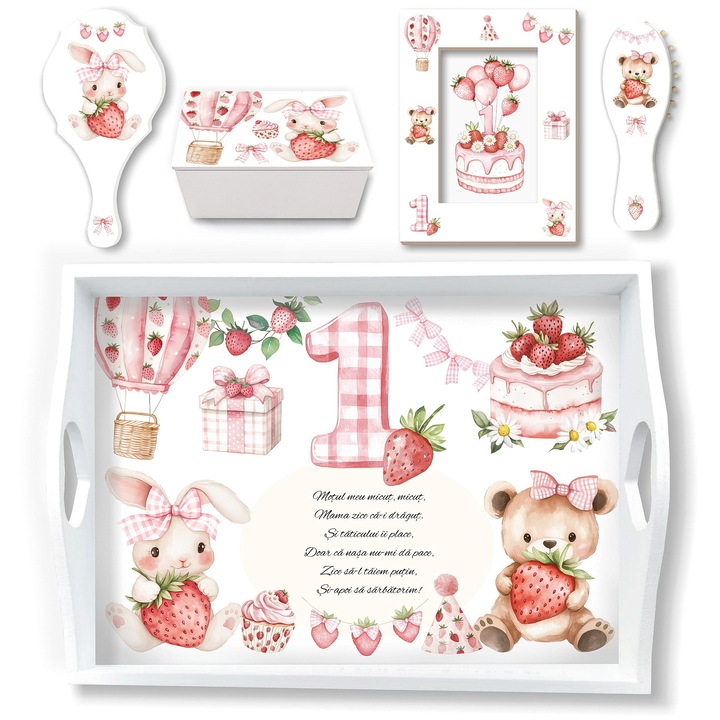 Set Tavita Mot pentru Prima Aniversare 1 An, cu Capsuni, Ursulet si Iepuras