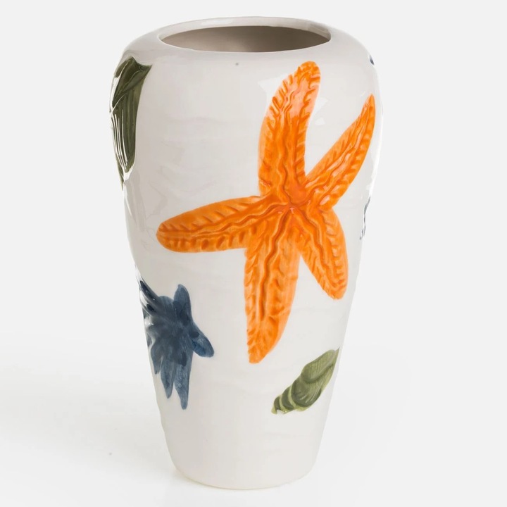 Vaza Ceramica Alba cu Stele de Mare & Scoici Ø14x23cm