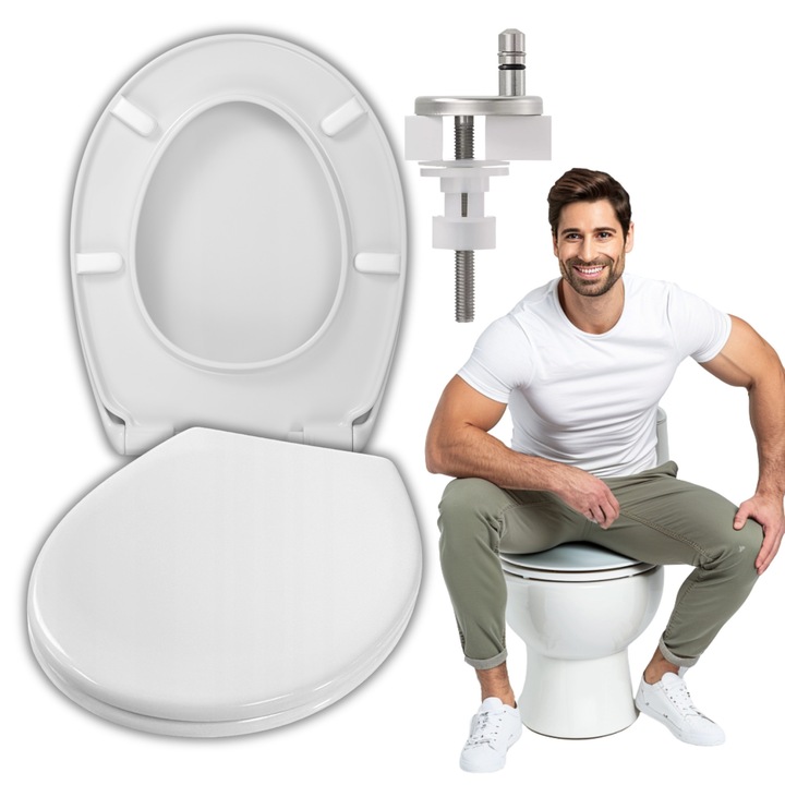 WC tető, Kings of Toilets, Kompatibilis Cersanit, Kolo, Roca, Grohe, Fehér, 36x45cm, Soft Close, Antibakteriális, Erősített hőre lágyuló műanyag, 400 kg teherbírás, Gyors szétszerelés, Univerzális rögzítés