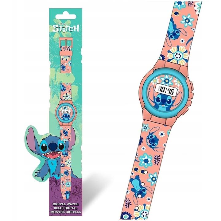 Ceas Digital pentru Fete, Stitch, Curea din Silicon, Multicolor, 30x30cm