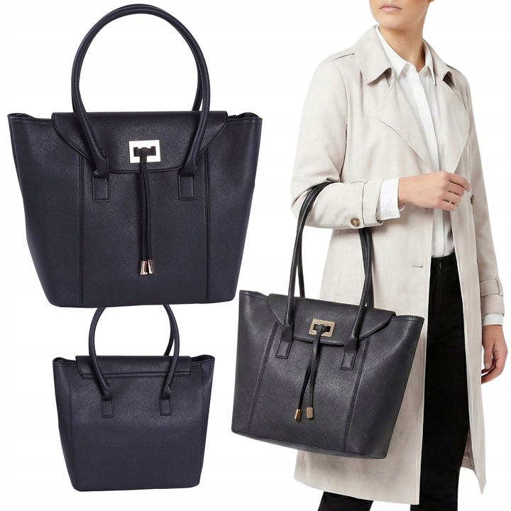 Geanta dama neagra tip shopper, din piele ecologica, accente aurii, interior spatios