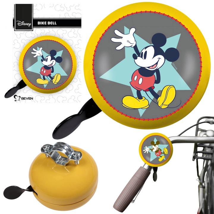 Sonerie Bicicleta Metalica Mickey Mouse Galben Retro XL, Sunet Puternic, Montare Usoara