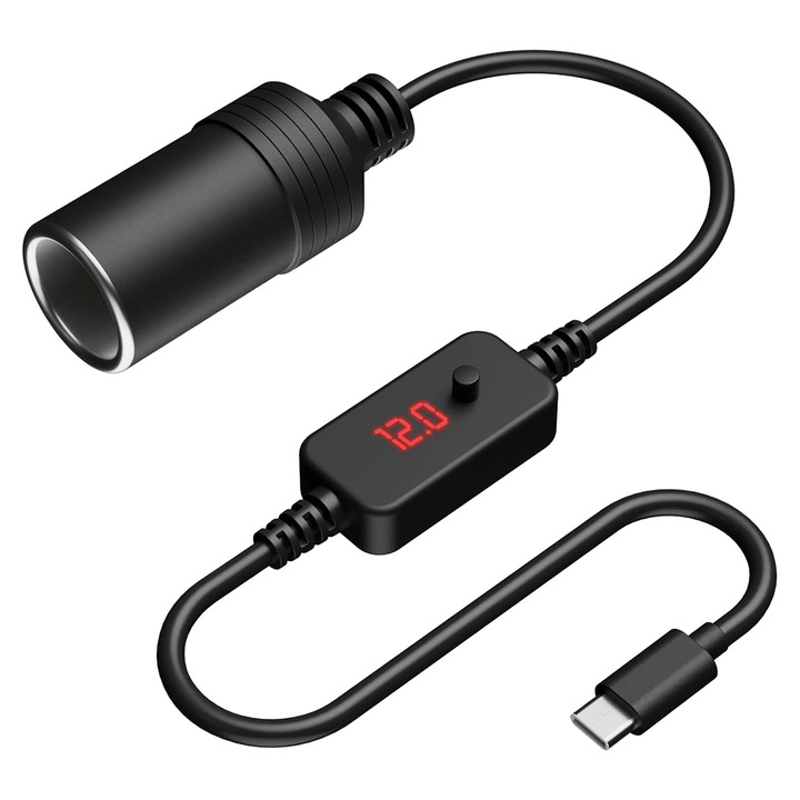 Cablu adaptor USB-C la priza bricheta auto, Chucai, 5V 9V 12V, 70 cm, 12 W, Negru