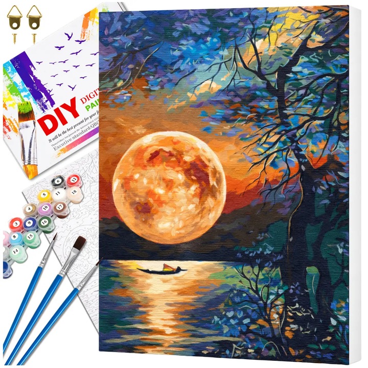 Set Pictura pe Numere Luna Plina Peste Lac 40x50 cm, Panza cu Cadru din Lemn, Kit Complet cu Pensule si Vopsele Acrilice, Motiv Relaxant