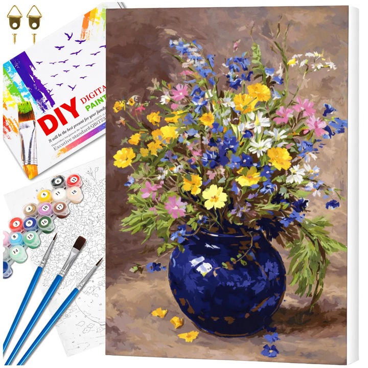 Set Pictura pe Numere Buchet de Flori in Vaza 40x50 cm, Cadru Lemn Masiv, Vopsele Acrilice, Pensule Incluse