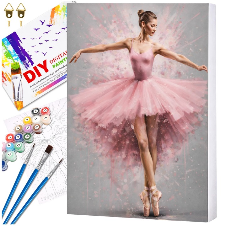 Set pictura pe numere Balerina, 40x50 cm, panza cu rama din lemn, include pensule si vopsele acrilice