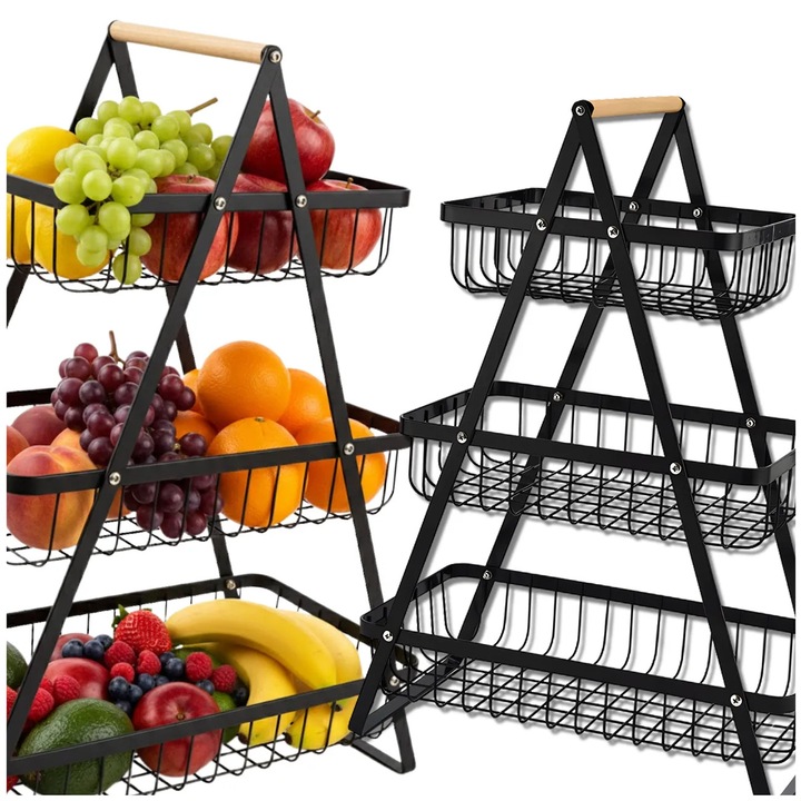 Cos pentru fructe cu 3 nivele, Edibazzar, otel inoxidabil negru, design modern, 30x45cm