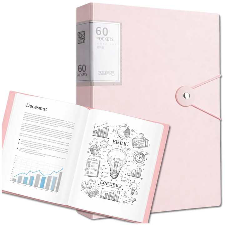 Dosar A4 Edibazzar roz, 60 de folii, dimensiuni 23x31x6 cm, inchidere cu elastic, ideal pentru birou si scoala