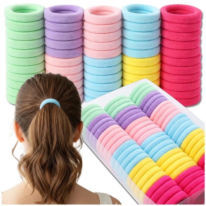 Set 66 Elastice Colorate de Par Fara Cusaturi, Multicolor Pastel, 4cm Diametru, pentru Copii si Adulti