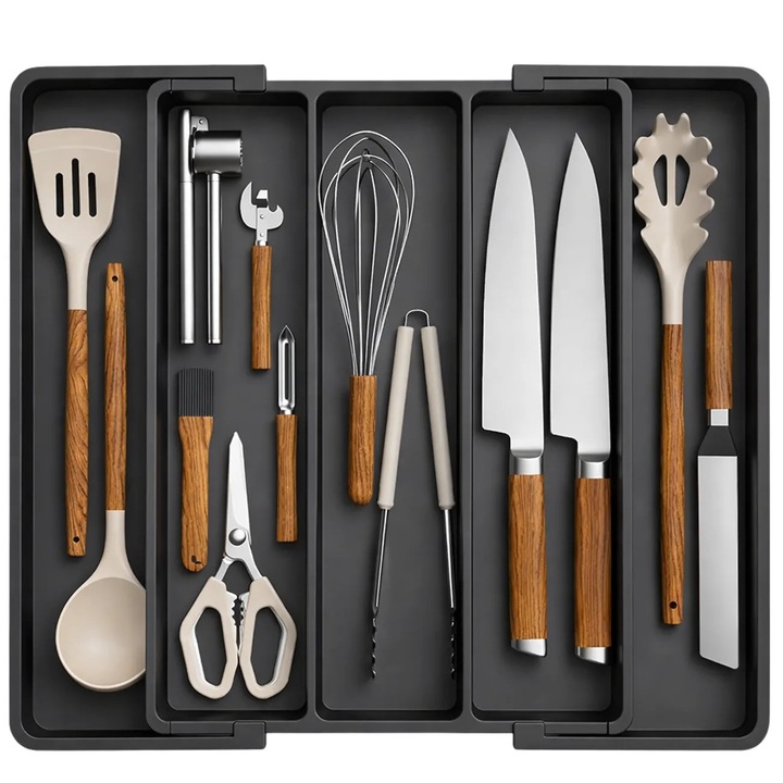 Organizator extensibil pentru tacamuri, Edibazzar, Negru, 3-5 Compartimente