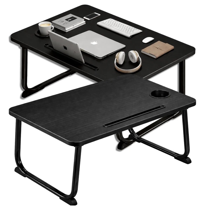 Masa pliabila pentru laptop, Edibazzar, design ergonomic, maro inchis, 60x40cm