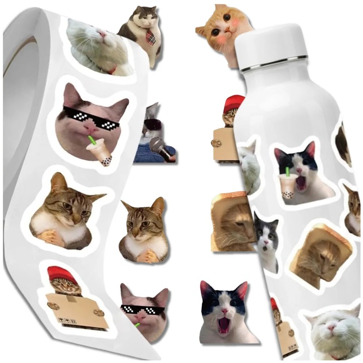 Set Stickere Decorative 500 Bucati, Edibazzar, Pisici Amuzante, Impermeabile, Rola