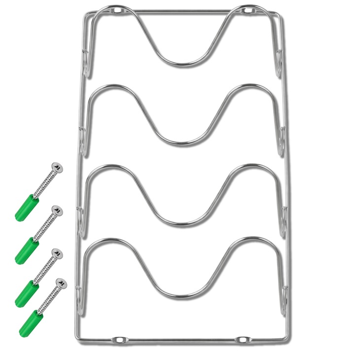 Suport metalic pentru capace de oale, Edibazzar, 4 compartimente, Argintiu, 29,5x18,5cm, Montare pe perete sau usa