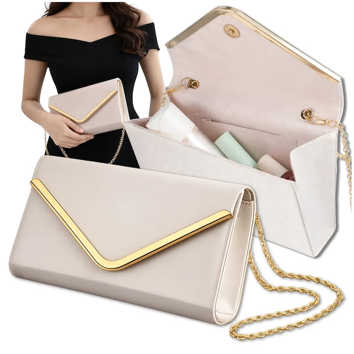 Geanta Plic Nude de Seara, Edibazzar, Design Glamour, Lant Detasabil, 11x22x5cm