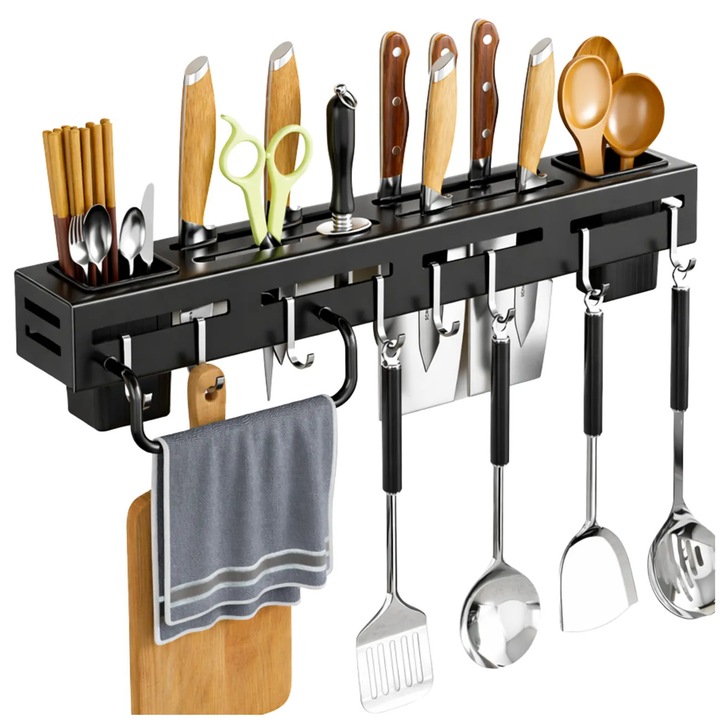 Suport de bucatarie multifunctional Edibazzar, 40x5x5,5cm, negru, otel inoxidabil, montare pe perete