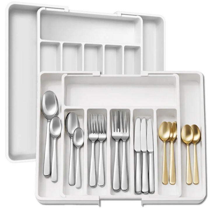 Organizator extensibil pentru tacamuri, Edibazzar, 8 compartimente, alb