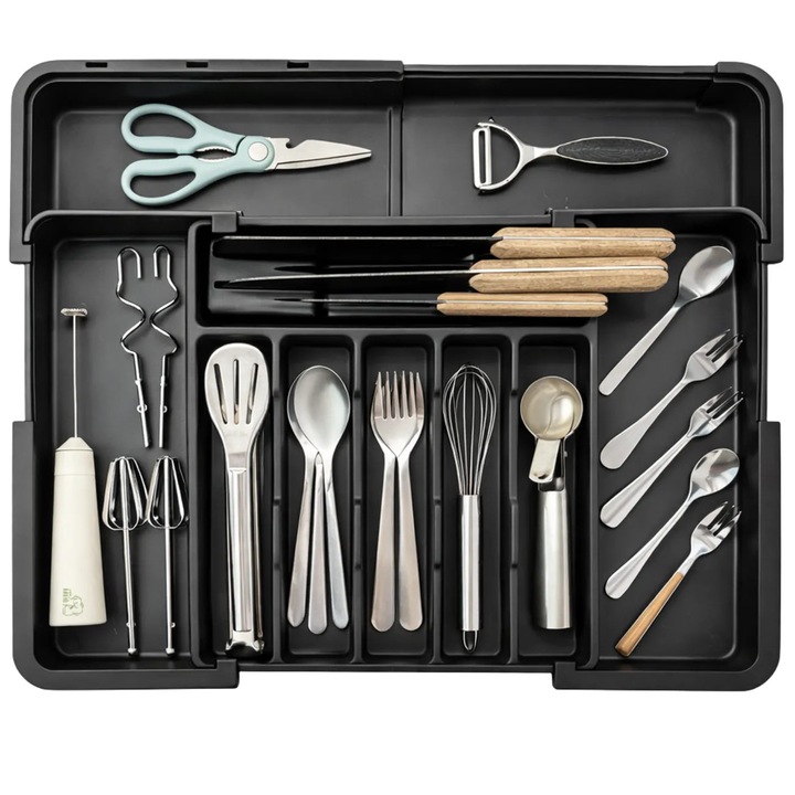 Organizator extensibil pentru tacamuri, Edibazzar, negru, 32,6x36,5x5cm, 6-9 compartimente