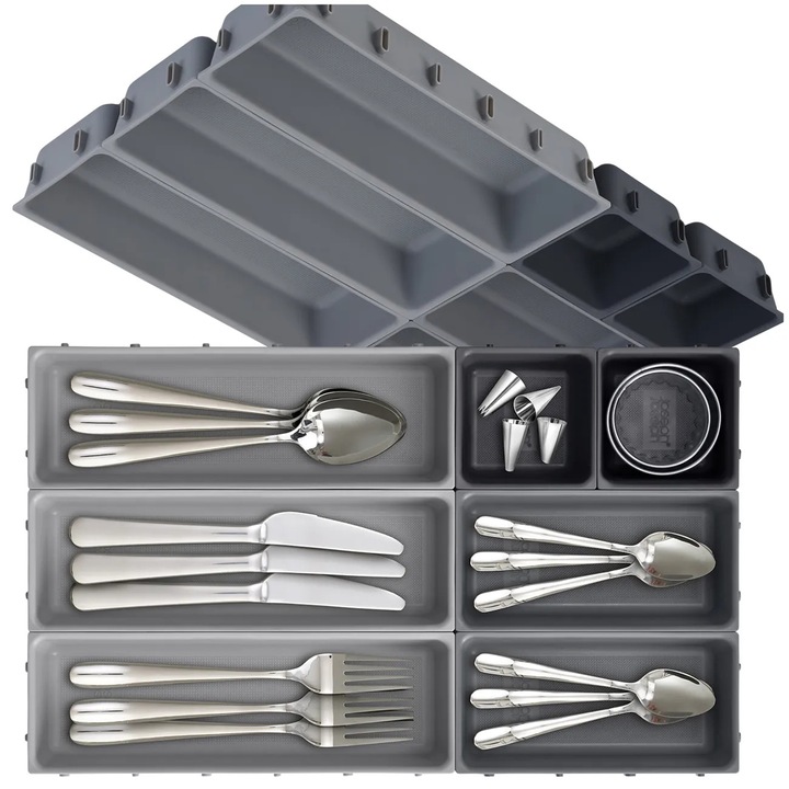 Organizator modular pentru sertar de tacamuri, set 7 piese, ajustabil, gri
