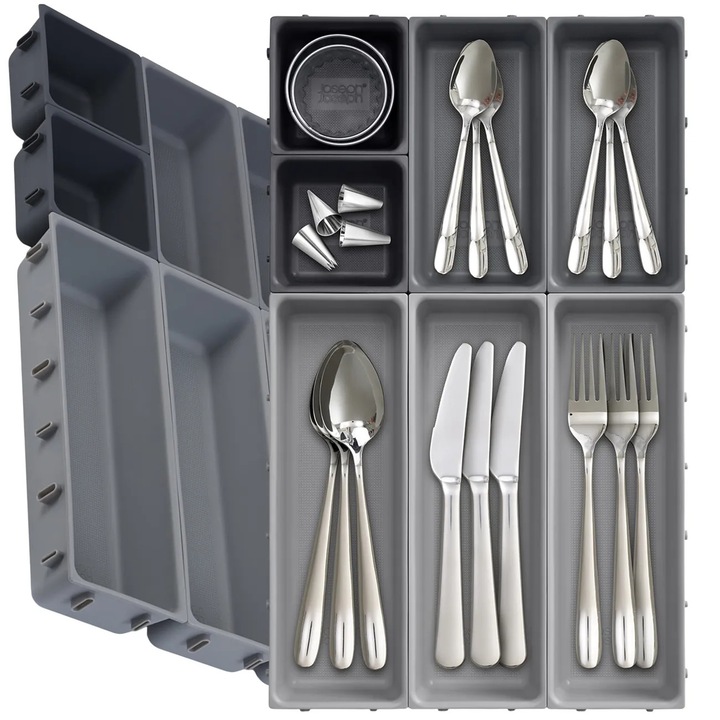 Organizator modular pentru sertar de tacamuri, set 7 piese, ajustabil, gri