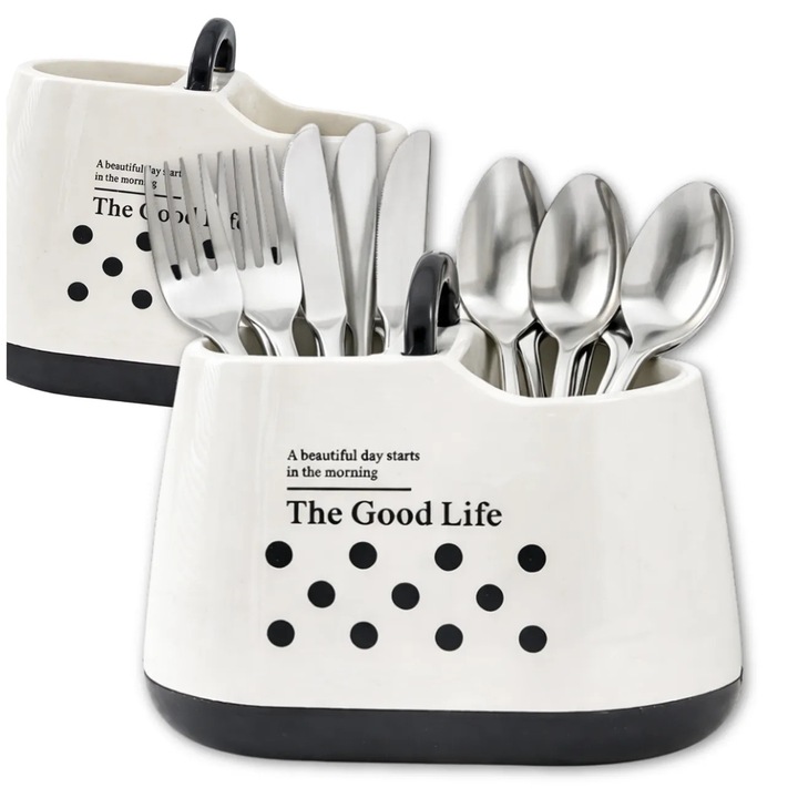 Suport tacamuri Edibazzar, organizator modern, 2 compartimente, alb crem cu negru, ideal pentru bucatarie