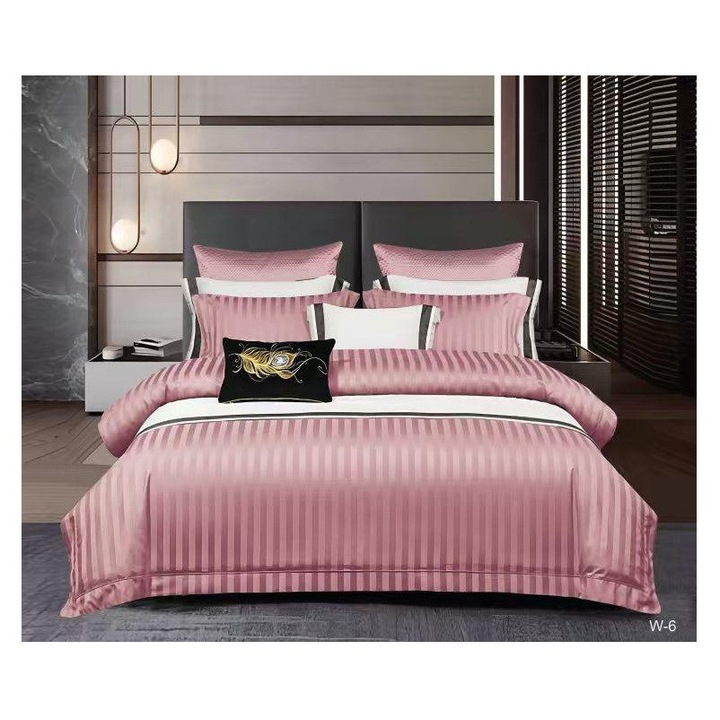 Lenjerie damasc liniar, pentru pat dublu, 6 piese, cearceaf cu elastic cod W08