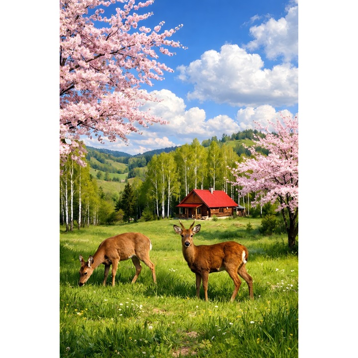 Tablou Canvas Cabana ideala 73, 90 x 60 cm, natura, peisaj, stil pictura, sasiu de lemn, panza de bumbac 90%, agatatoare invizibila