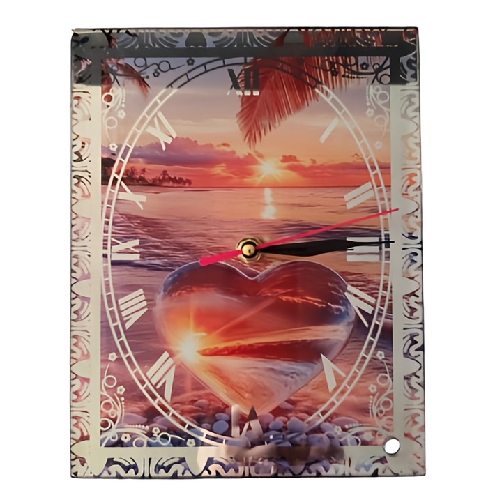 Dekoratív óra állvánnyal, Love Sunset Beach modell, kézműves, ajándék szeretteinek, üveg, AA elem mellékelve, 23x18cm