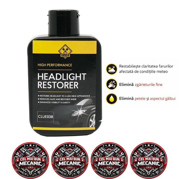 Solutie restaurare faruri auto CLUE, polish pentru faruri matuite, indeparteaza zgarieturi fine si aspectul galbui, reda claritatea farurilor, pentru faruri auto si motociclete, 180 ml, 4x stickere