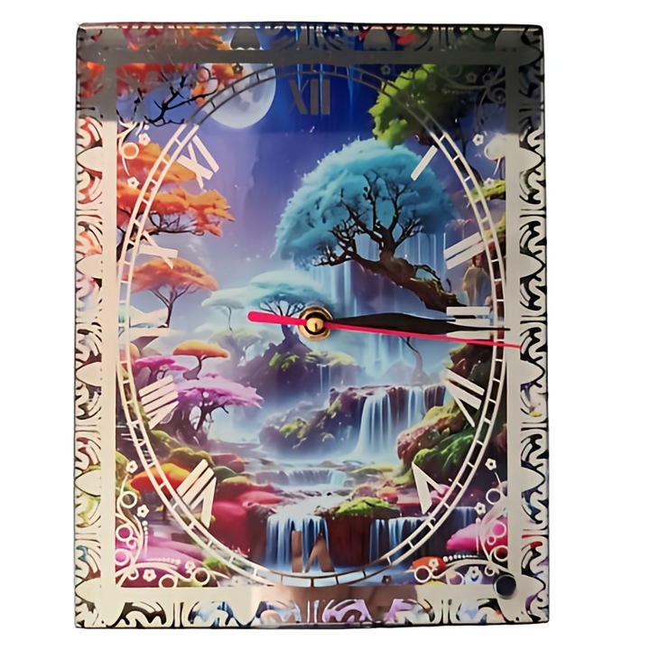 Dekoratív asztali óra, Fantasy Forest modell, kézműves, ajándék szeretteinek, üveg, AA elem mellékelve, 23x18cm