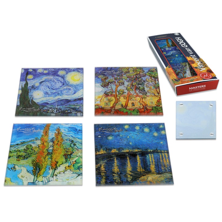 Set 4 suporturi pentru bauturi CARMANI, sticla, motive de pictura, usor de curatat