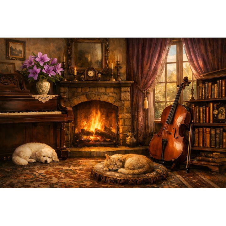 Tablou Canvas Conacul retro 1, 90 x 60 cm, animale, foc, fereastra, muzica, stil pictura, sasiu de lemn, panza de bumbac 90%, agatatoare invizibila