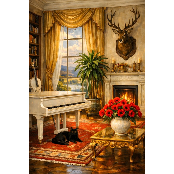 Tablou Canvas Conacul retro 4, 90 x 60 cm, animale, foc, fereastra, muzica, stil pictura, sasiu de lemn, panza de bumbac 90%, agatatoare invizibila