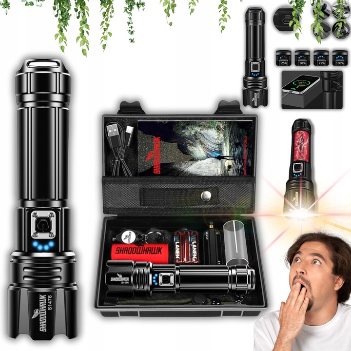 Тактически фенер Shadowhawk, 20000 лумена, 5 режима на осветление, водоустойчив, 460гр, пълен комплект