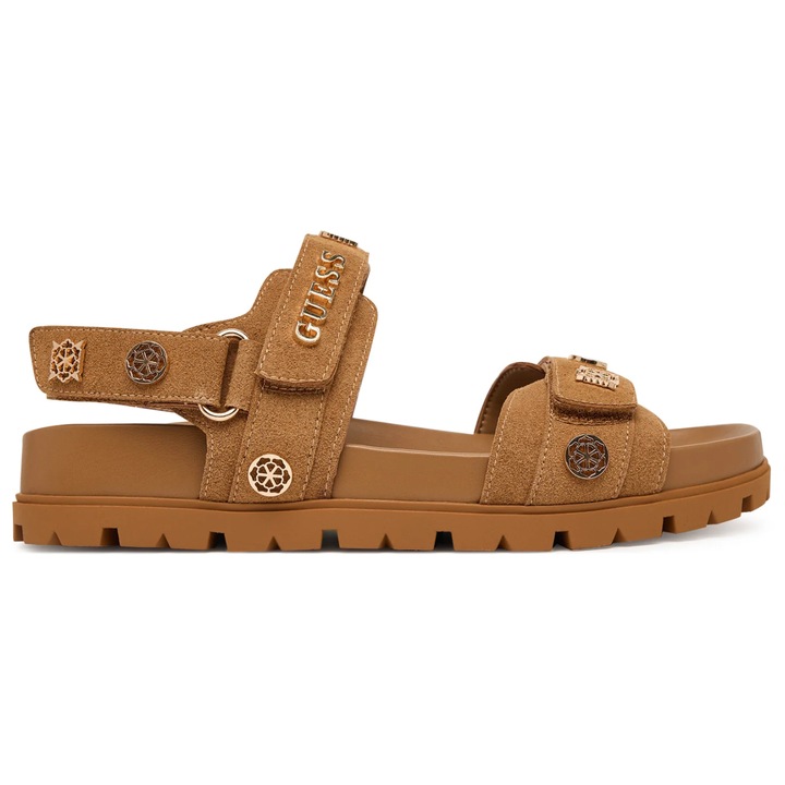 Sandale dama Guess, piele ecologica, maro, cu talpa plata, inchidere velcro
