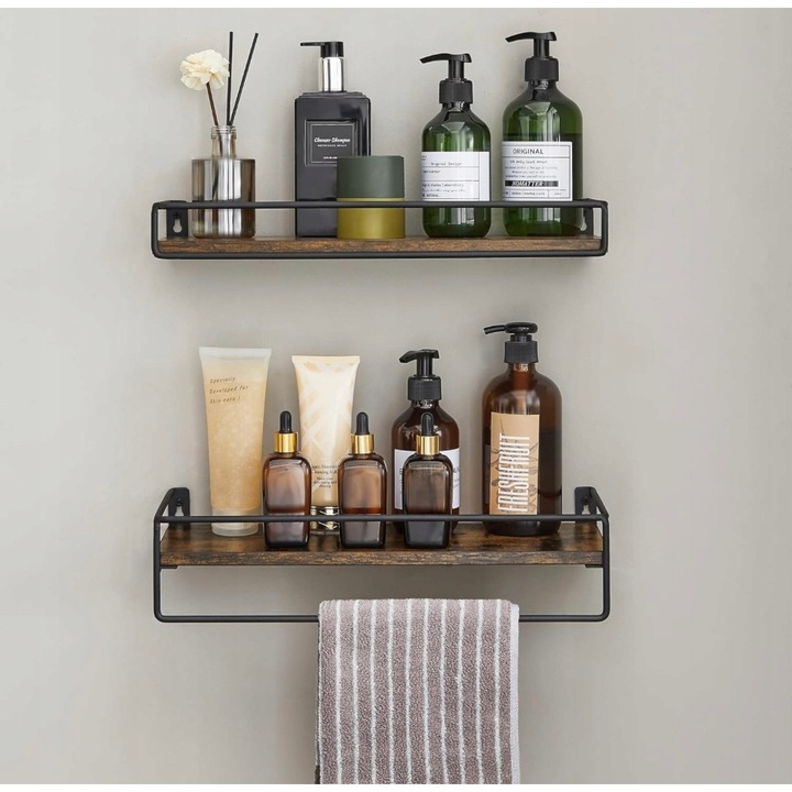Set 2 rafturi de perete, design vintage maro-negru, 40x15,5x5cm si 40x15,5x9,5cm