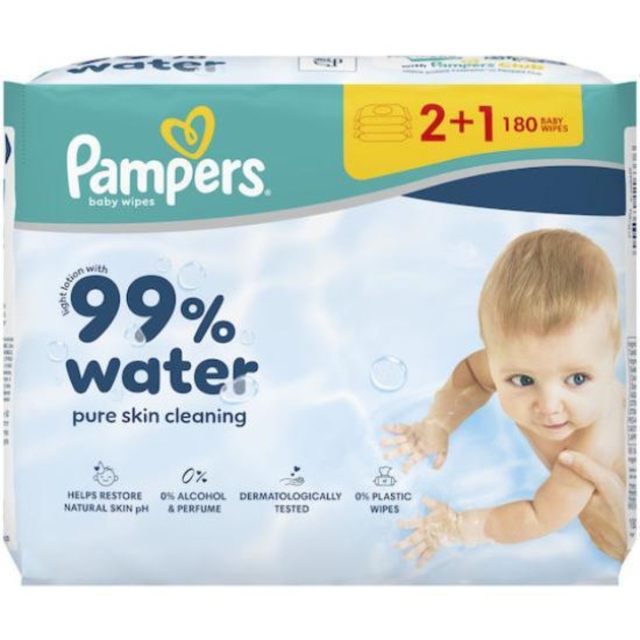 Servetele umede bebelusi Pampers, Aqua Pure, 99% apa, 180 bucati, fara plastic
