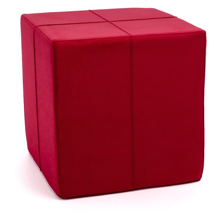 Taburet Ecopuf Cube, puf decorativ multifunctional, microfibra si piele ecologica, 40x40x40 cm, rosu