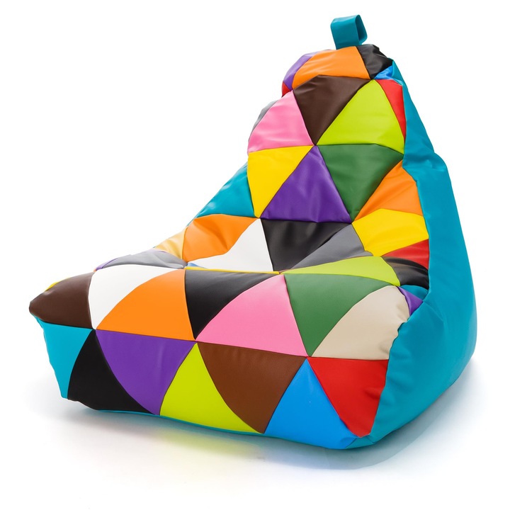 Puf Sessel Ecopuf Keiko S/M, Babzsákfotel, Ökológiai Bőrből Készült Patchwork Design, Türkiz E20, S/M Méretek