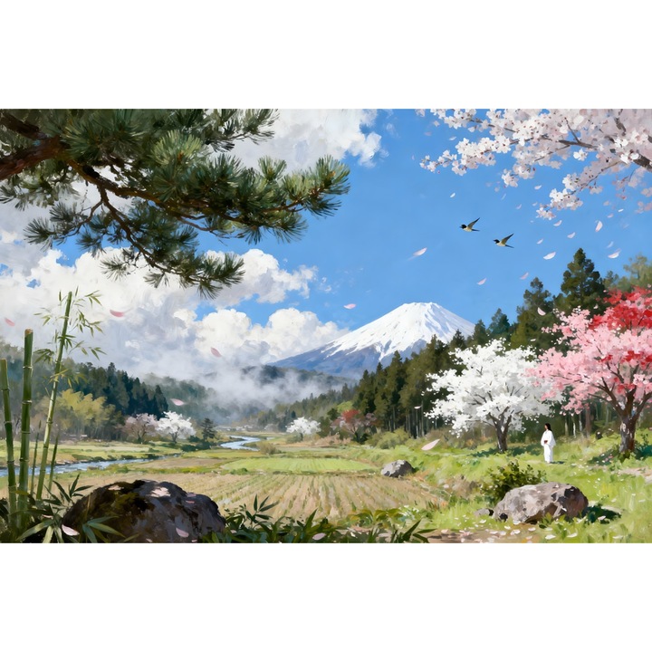 Tablou Canvas Peisaj in Japonia 2, 60x40 cm, natura, flori, lac, padure, rau, stil pictura, sasiu de lemn, panza de bumbac 90%, agatatoare invizibilla