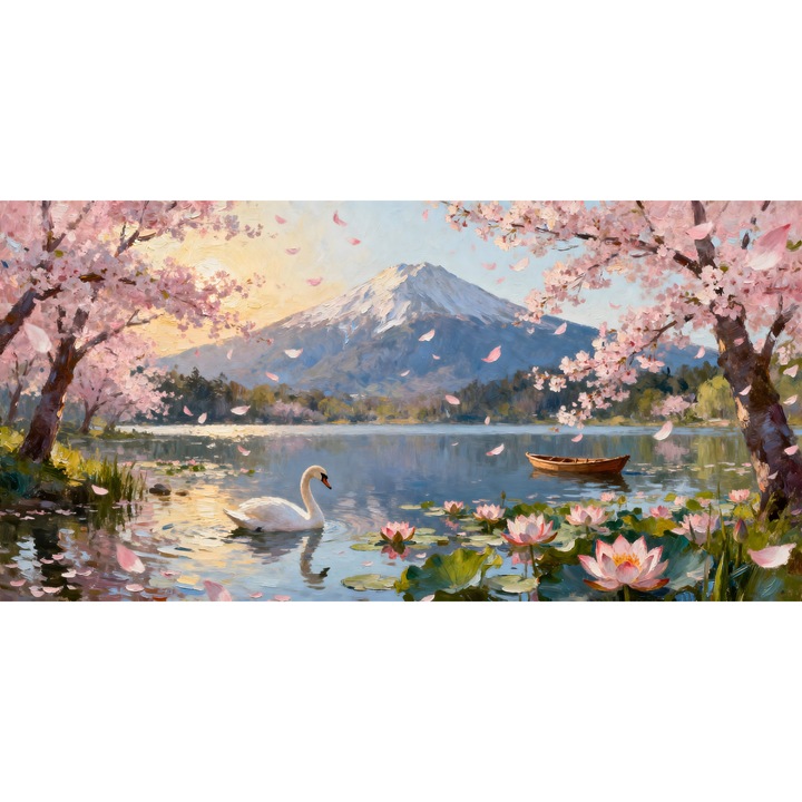 Tablou Canvas Peisaj in japonia 2, cu lac, munte, sakura 170x80 cm, sasiu de lemn, panza de bumbac 90%, agatatoare invizibila