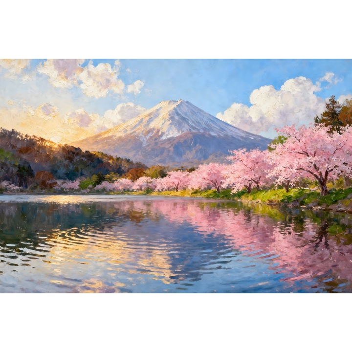 Tablou Canvas Peisaj in japonia 3, cu lac, munte, sakura 90x60 cm, sasiu de lemn, panza de bumbac 90%, agatatoare invizibila
