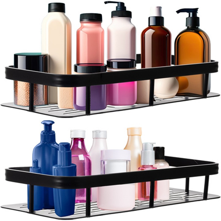 Set 2 Rafturi Baie sau Bucatarie Ruhhy 23170, Aluminiu, Montare Fara Gaurire sau cu Suruburi, Sarcina Maxima 10kg, 30x13x4.7 cm, Negru