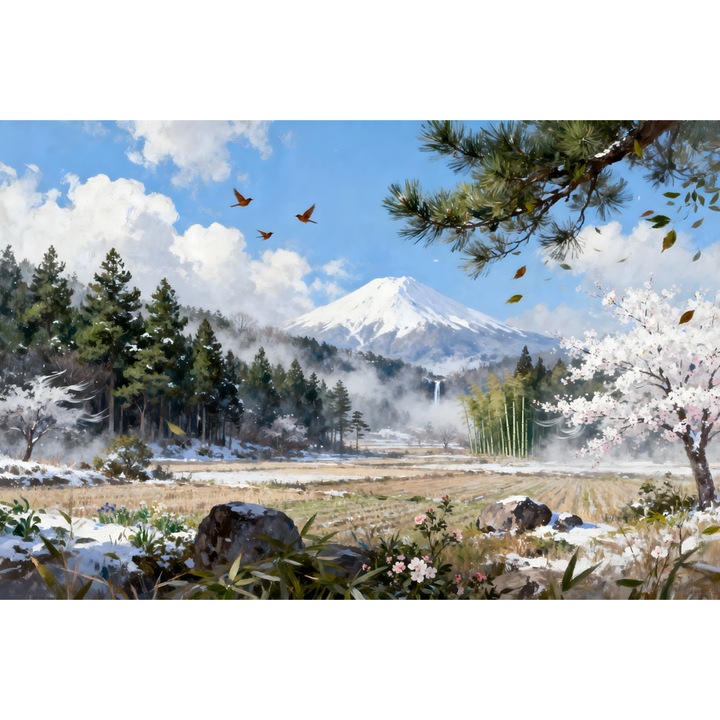Tablou Canvas Peisaj in Japonia 6, 60x40 cm, natura, flori, lac, padure, rau, stil pictura, sasiu de lemn, panza de bumbac 90%, agatatoare invizibilla