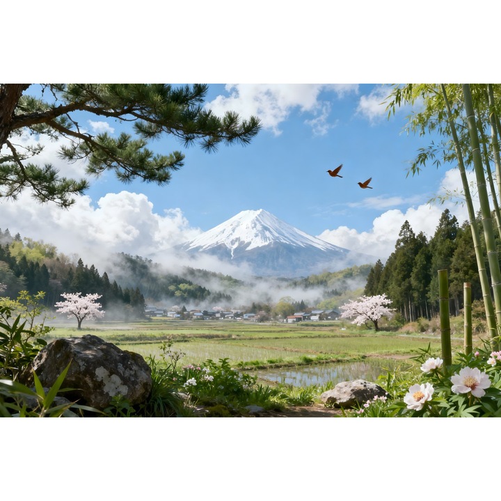 Tablou Canvas Peisaj in Japonia 11 90x60 cm, natura, flori, lac, padure, rau, stil pictura, sasiu de lemn, panza de bumbac 90%, agatatoare invizibilla