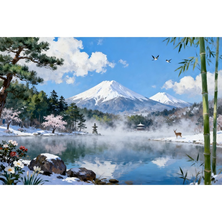 Tablou Canvas Peisaj in Japonia 14, 60x40 cm, natura, flori, lac, padure, rau, stil pictura, sasiu de lemn, panza de bumbac 90%, agatatoare invizibilla
